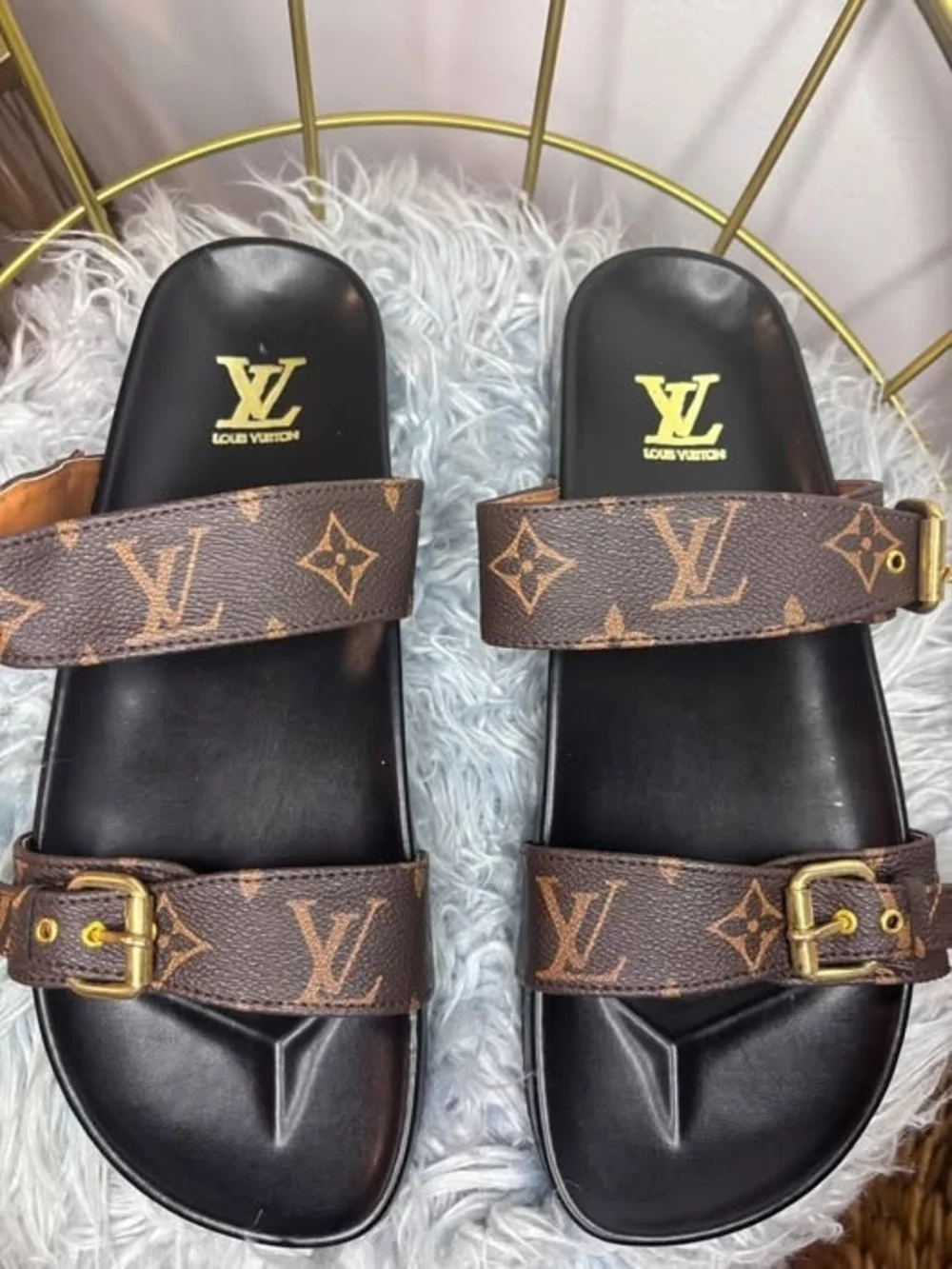 Louis Vuitton Brown Monogram Double-Strap Slide Sandals with Gold Buckles - Picture 1 of 1
